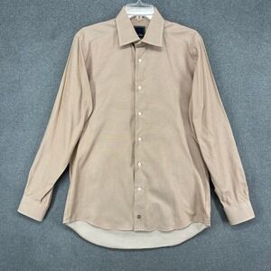 David Donahue‎ Mens Size 16 34/35 Tan Micro Check Long Sleeve Dress Shirt